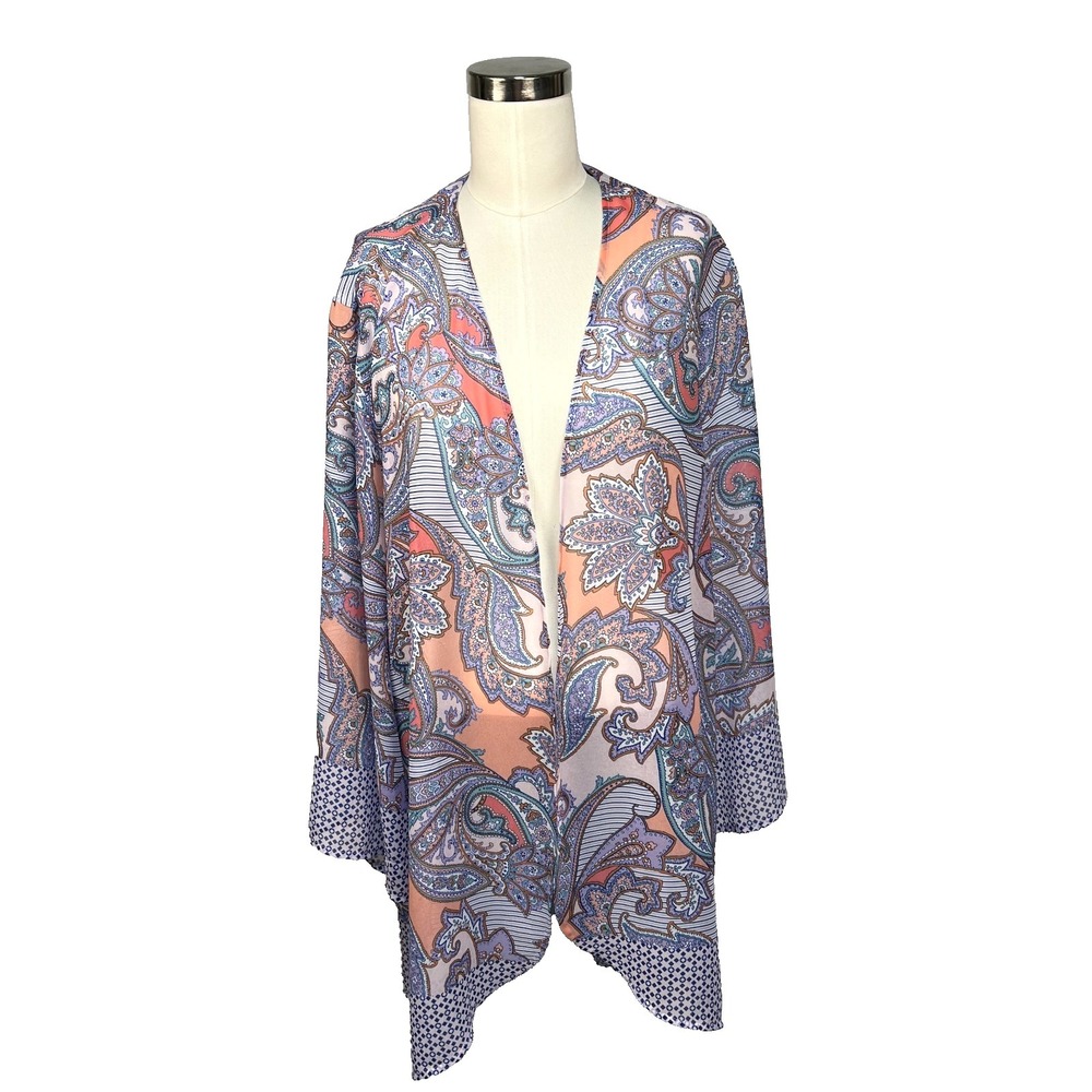 Soft Surroundings Open Front Kimono Cardigan Top Medium Paisley Blue Sheer Boho